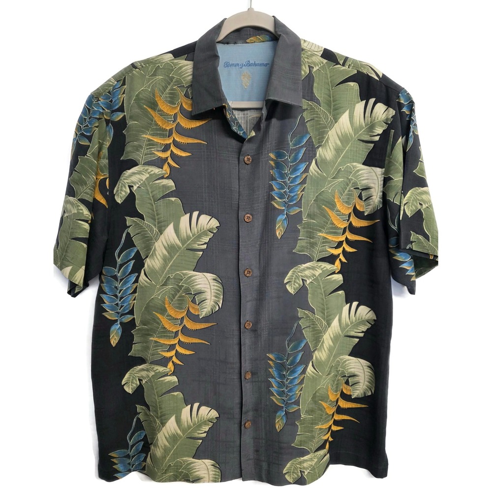 Tommy Bahama Mens Large Silk Hawaiian Shirt Black Grey Floral Palm Leaf Print
